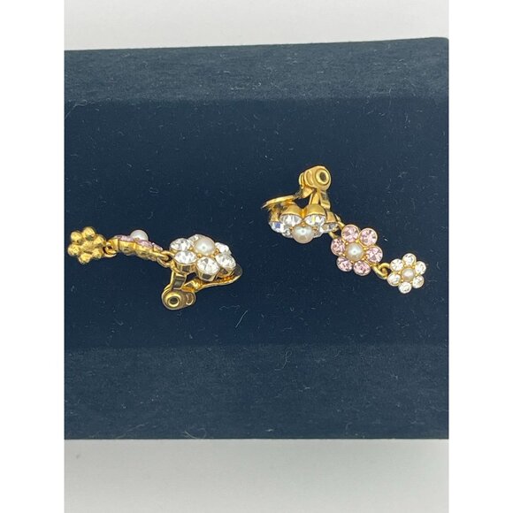 Monet Drop Flowers Clip Back Earrings Rhinestone Faux Pearls - Picture 6 of 10